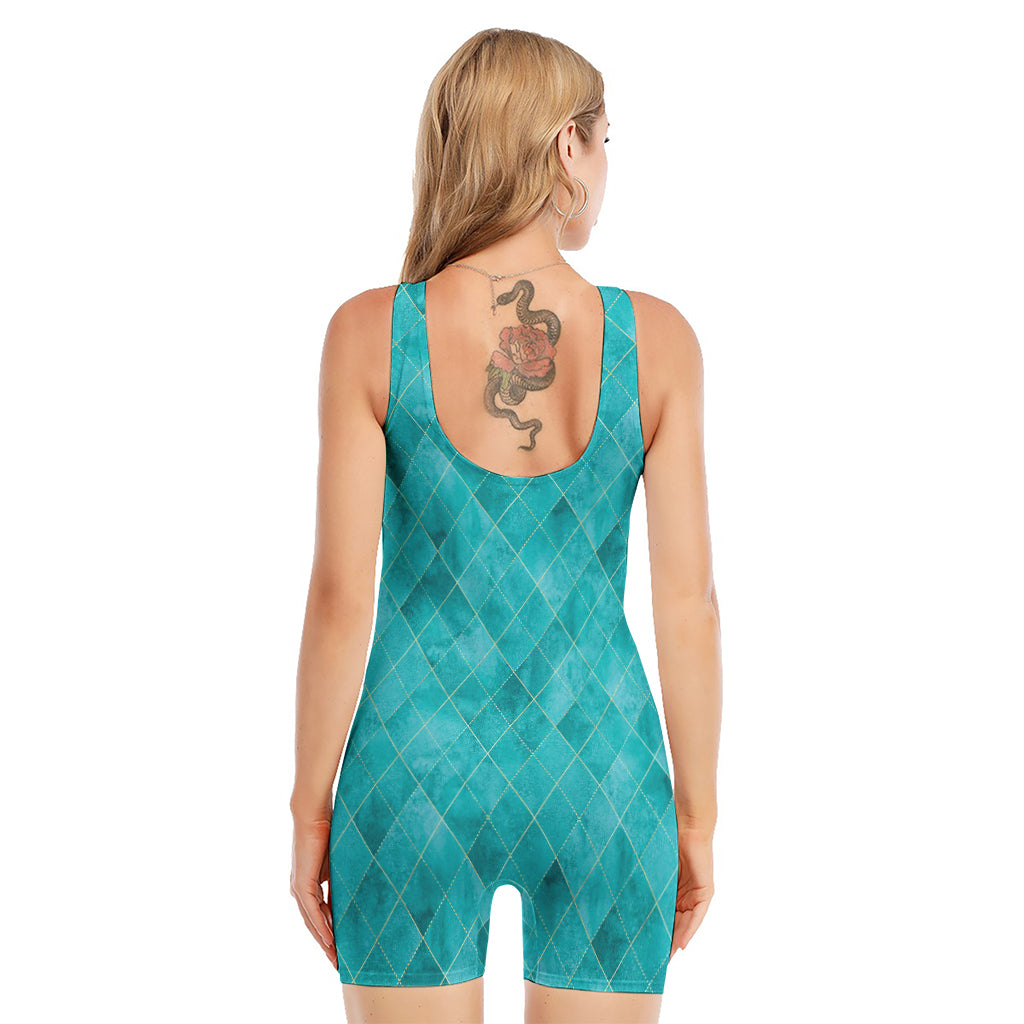 Turquoise Argyle Pattern Print Sleeveless One Piece Swimsuit