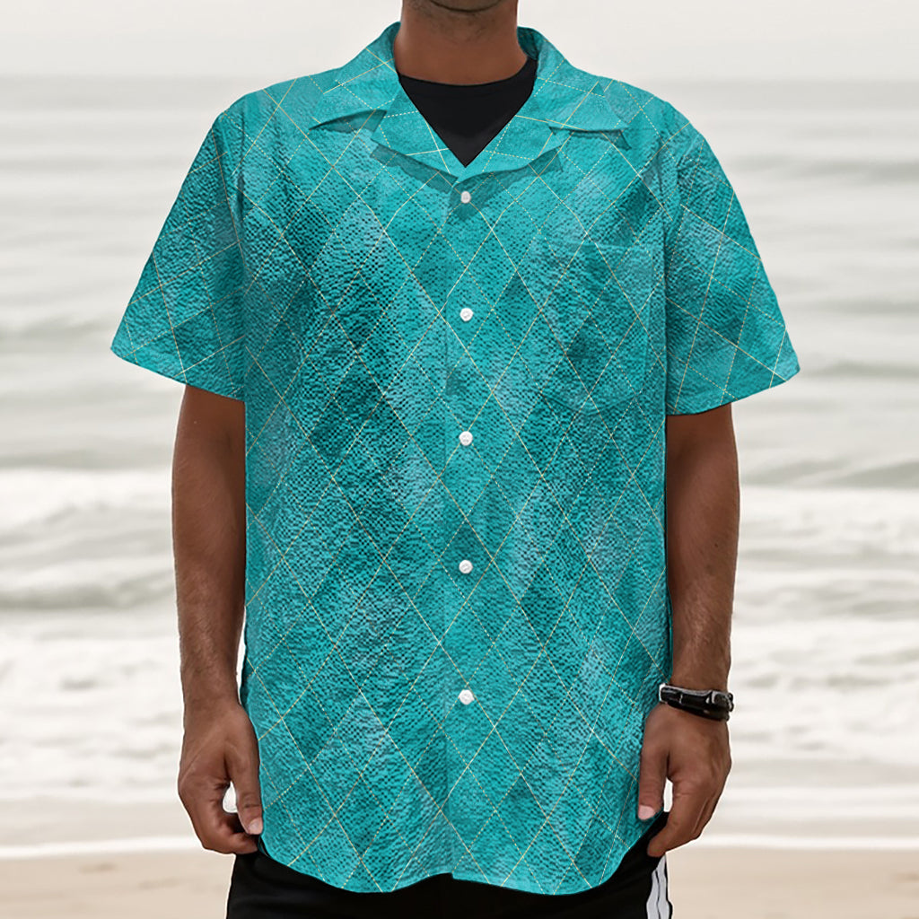 Turquoise Argyle Pattern Print Textured Short Sleeve Shirt