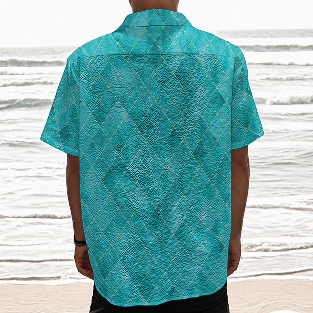 Turquoise Argyle Pattern Print Textured Short Sleeve Shirt