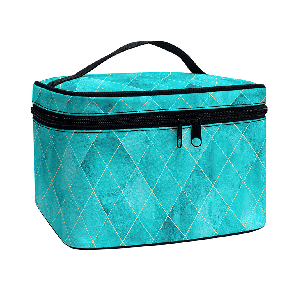 Turquoise Argyle Pattern Print Travel Makeup Bag