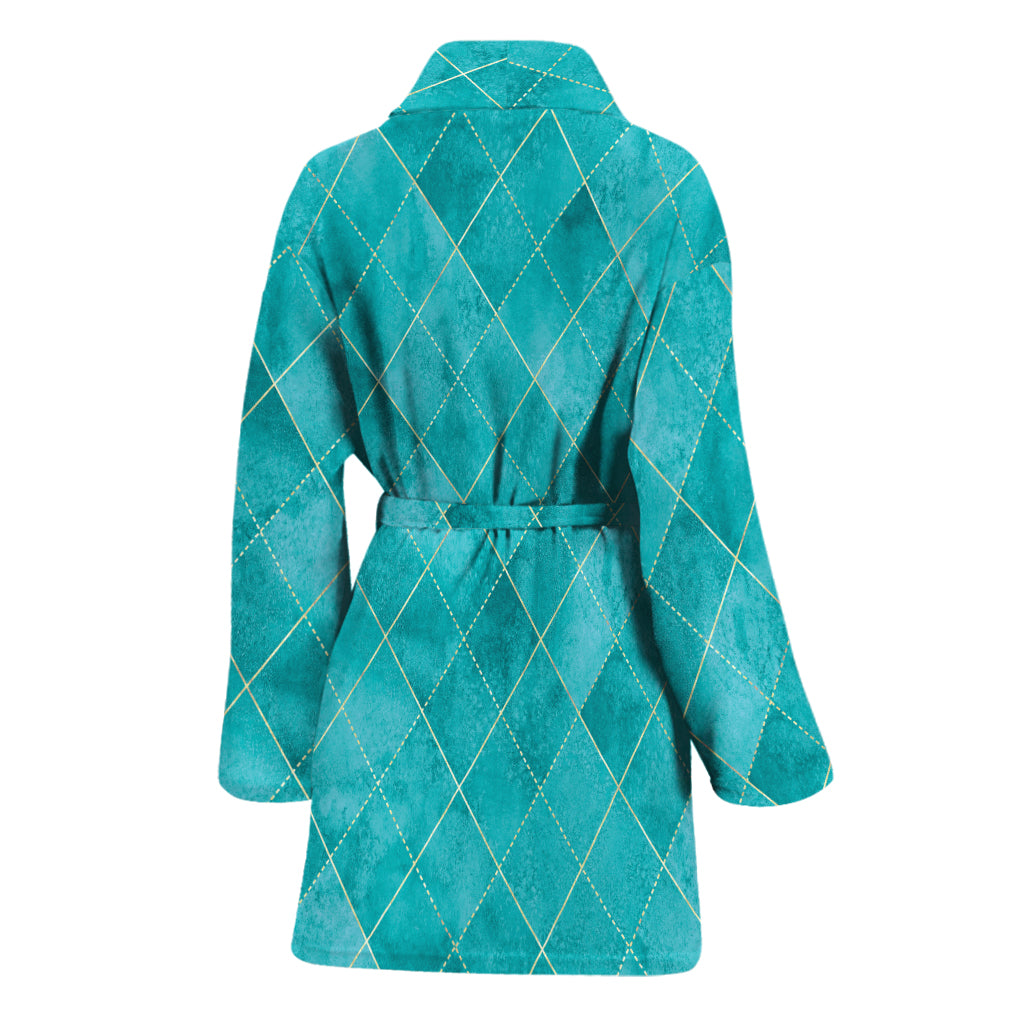 Turquoise Argyle Pattern Print Women's Bathrobe