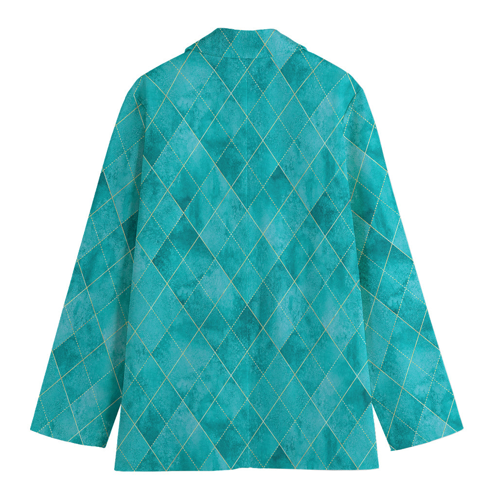 Turquoise Argyle Pattern Print Women's Blazer