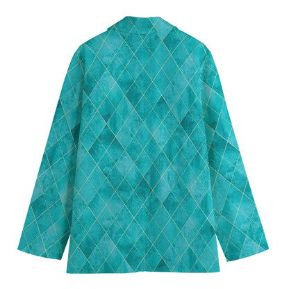 Turquoise Argyle Pattern Print Women's Blazer