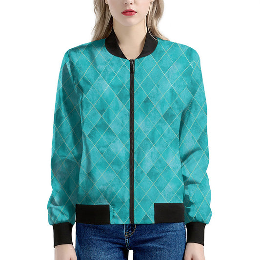 Turquoise Argyle Pattern Print Women's Bomber Jacket