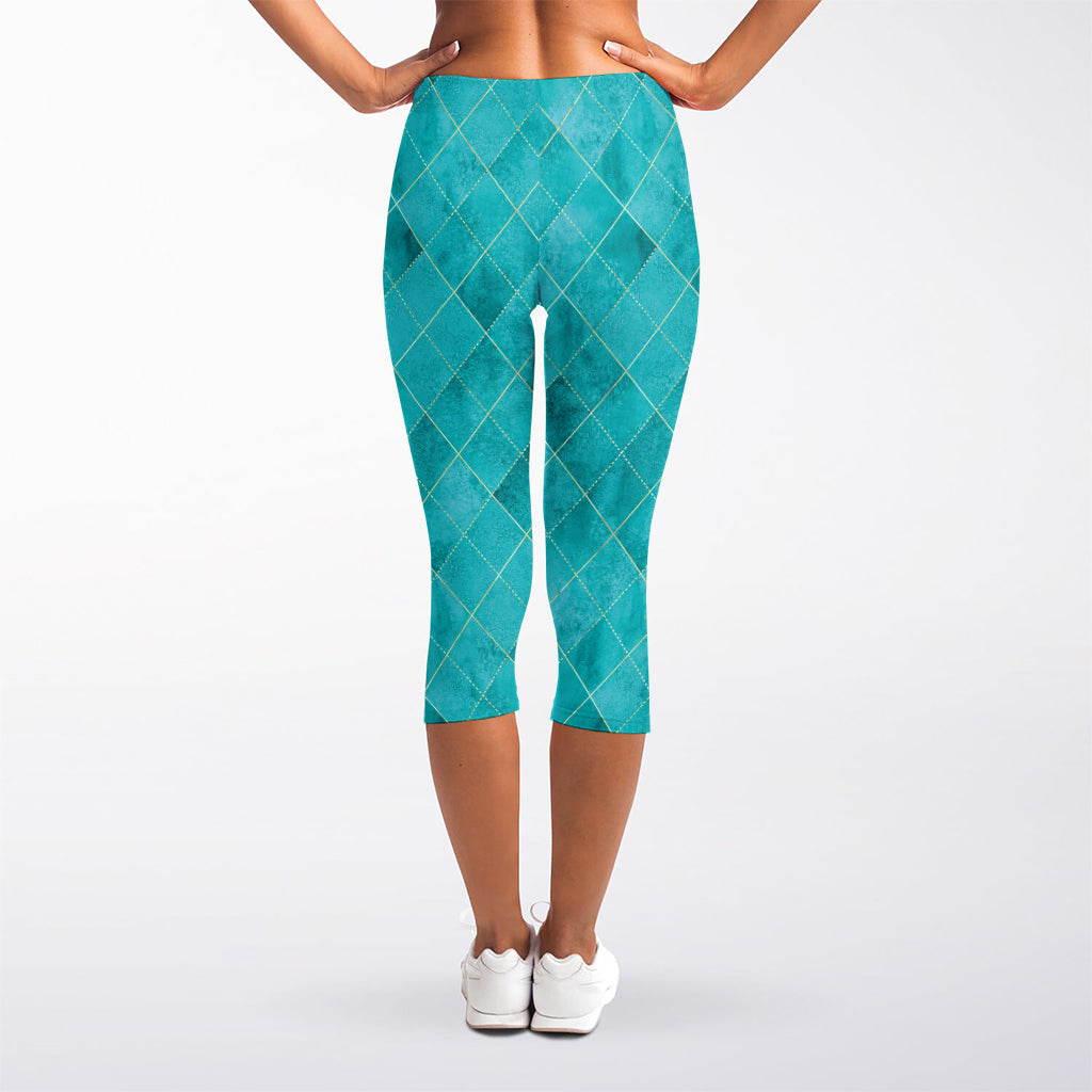 Turquoise Argyle Pattern Print Women's Capri Leggings