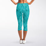 Turquoise Argyle Pattern Print Women's Capri Leggings