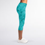 Turquoise Argyle Pattern Print Women's Capri Leggings