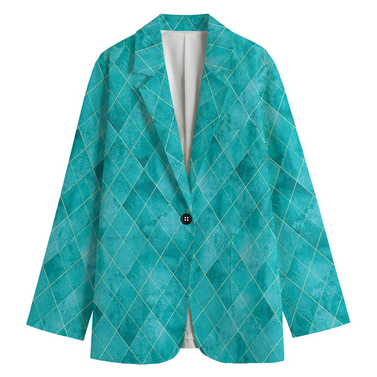 Turquoise Argyle Pattern Print Women's Cotton Blazer