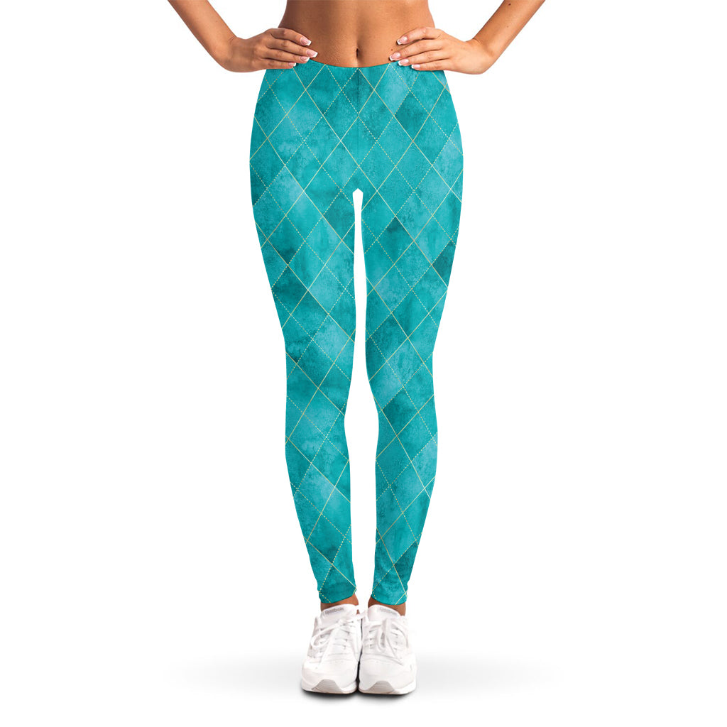Turquoise Argyle Pattern Print Women's Leggings