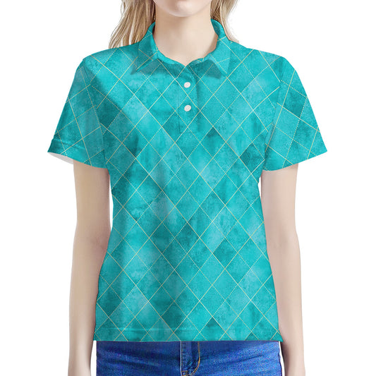Turquoise Argyle Pattern Print Women's Polo Shirt