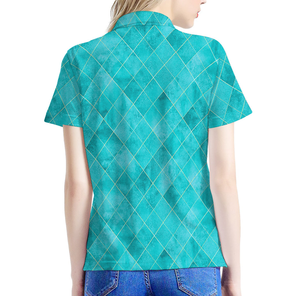 Turquoise Argyle Pattern Print Women's Polo Shirt