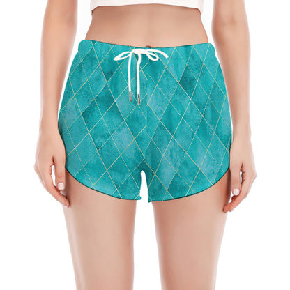 Turquoise Argyle Pattern Print Women's Split Running Shorts