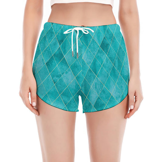 Turquoise Argyle Pattern Print Women's Split Running Shorts