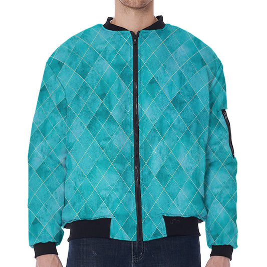 Turquoise Argyle Pattern Print Zip Sleeve Bomber Jacket