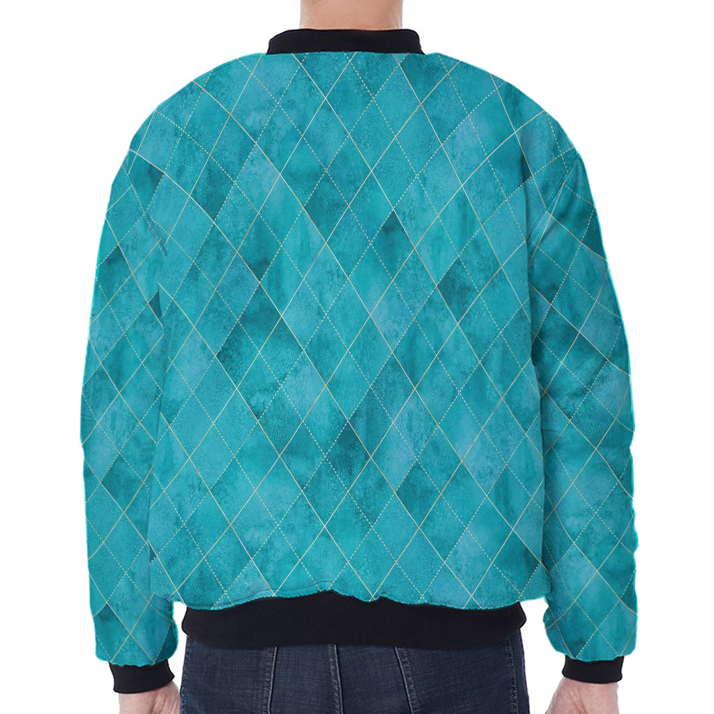 Turquoise Argyle Pattern Print Zip Sleeve Bomber Jacket