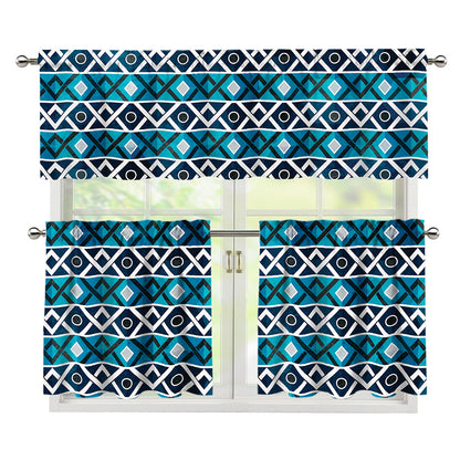 Turquoise Aztec Geometric Pattern Print 3 Piece Kitchen Curtains