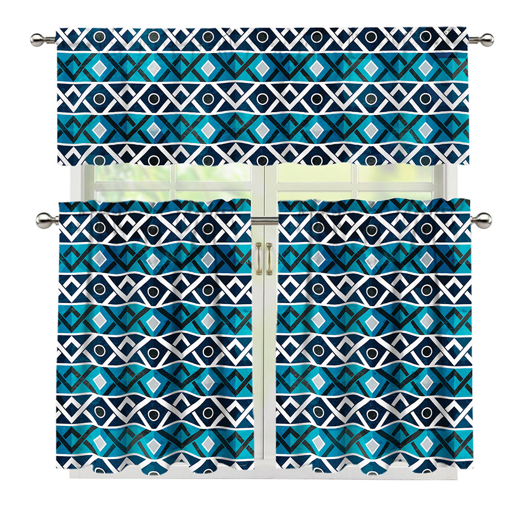 Turquoise Aztec Geometric Pattern Print 3 Piece Kitchen Curtains