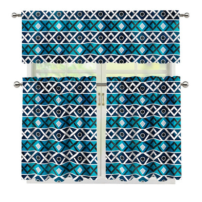 Turquoise Aztec Geometric Pattern Print 3 Piece Kitchen Curtains