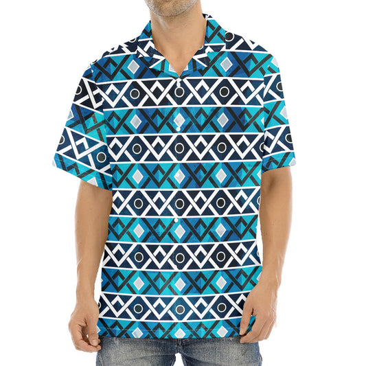 Turquoise Aztec Geometric Pattern Print Aloha Shirt