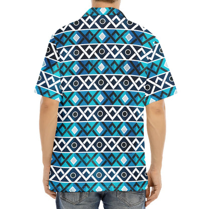 Turquoise Aztec Geometric Pattern Print Aloha Shirt