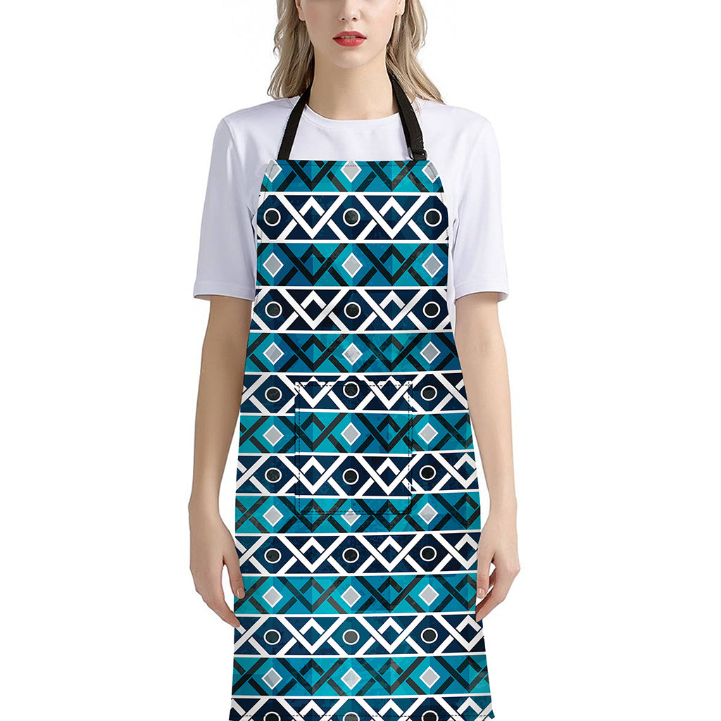 Turquoise Aztec Geometric Pattern Print Bib Apron With Pocket
