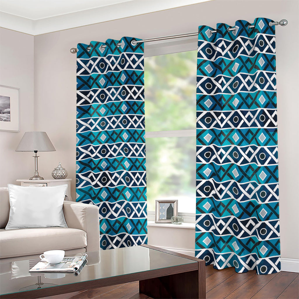 Turquoise Aztec Geometric Pattern Print Blackout Grommet Curtains