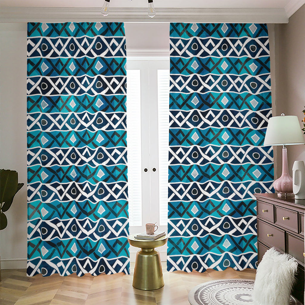 Turquoise Aztec Geometric Pattern Print Blackout Pencil Pleat Curtains