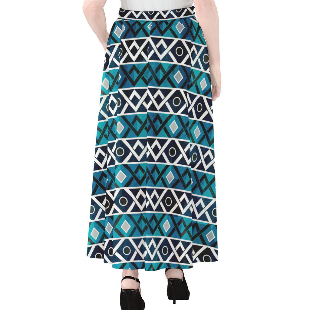 Turquoise Aztec Geometric Pattern Print Chiffon Maxi Skirt