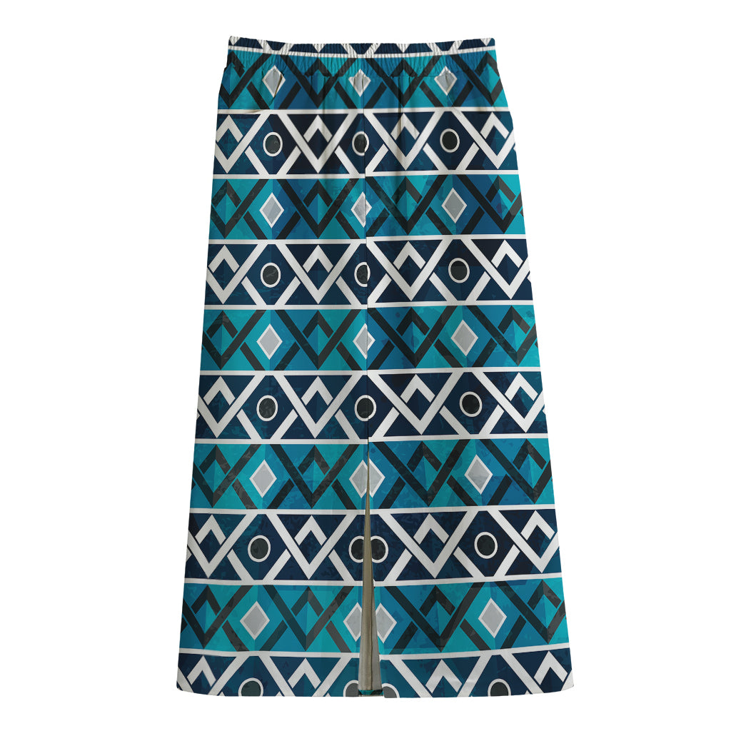 Turquoise Aztec Geometric Pattern Print Cotton Front Slit Maxi Skirt