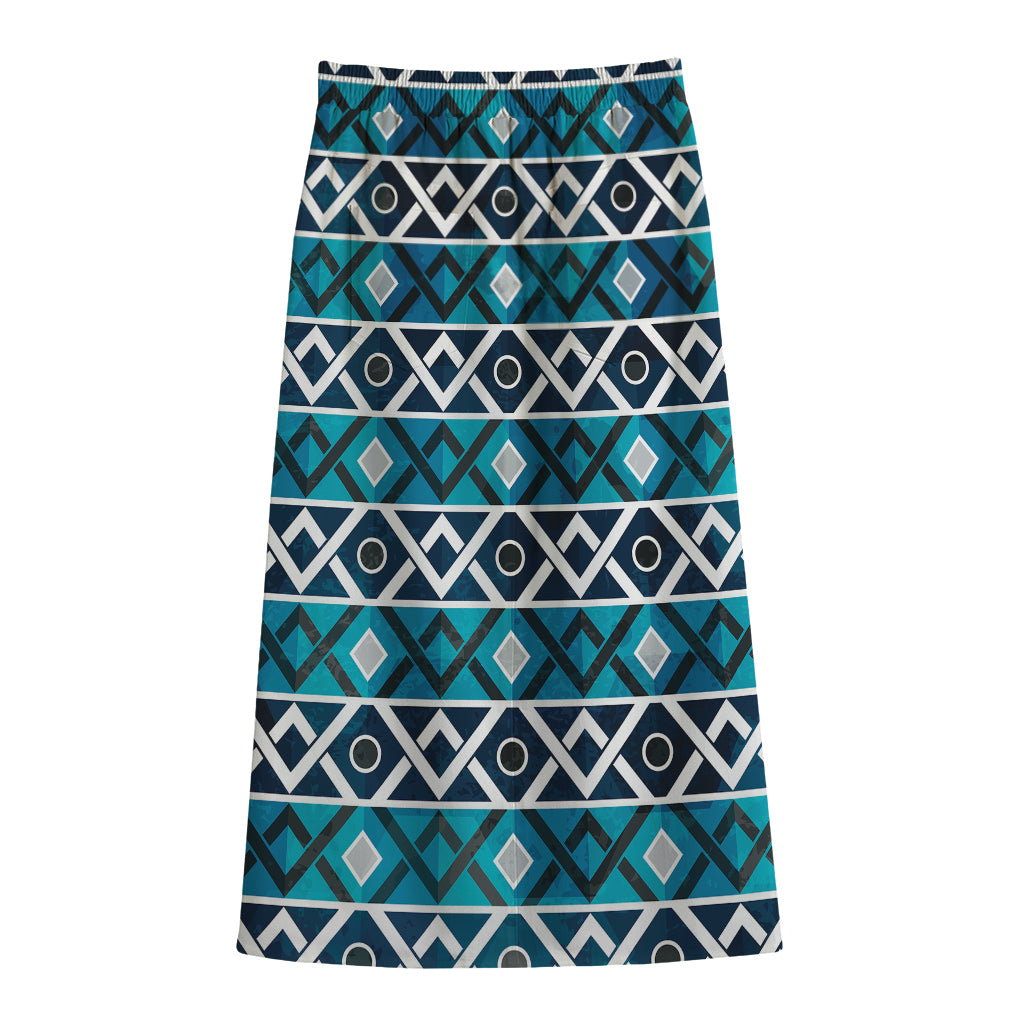 Turquoise Aztec Geometric Pattern Print Cotton Front Slit Maxi Skirt