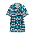 Turquoise Aztec Geometric Pattern Print Cotton Hawaiian Shirt