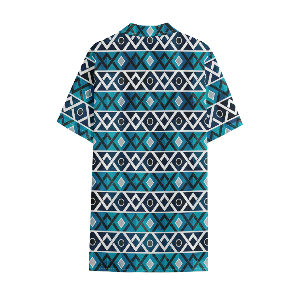 Turquoise Aztec Geometric Pattern Print Cotton Hawaiian Shirt