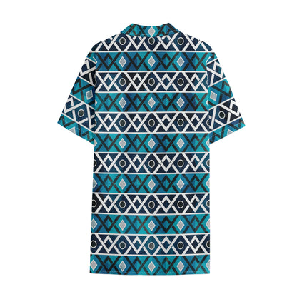 Turquoise Aztec Geometric Pattern Print Cotton Hawaiian Shirt