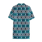 Turquoise Aztec Geometric Pattern Print Cotton Hawaiian Shirt