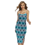 Turquoise Aztec Geometric Pattern Print Cross Back Cami Dress