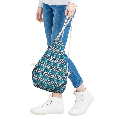 Turquoise Aztec Geometric Pattern Print Drawstring Bag