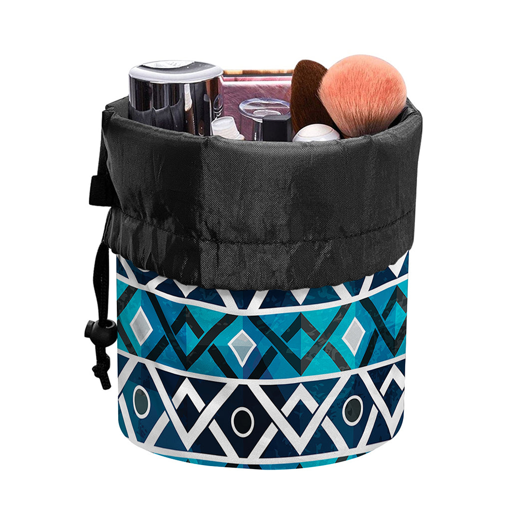 Turquoise Aztec Geometric Pattern Print Drawstring Makeup Bag