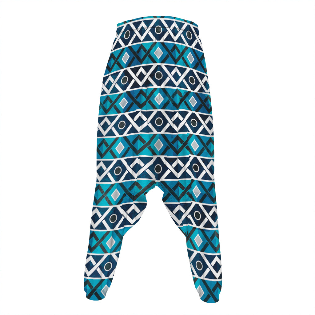 Turquoise Aztec Geometric Pattern Print Hammer Pants