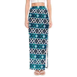 Turquoise Aztec Geometric Pattern Print High Slit Maxi Skirt