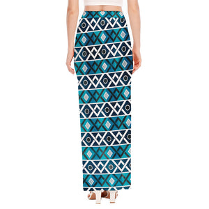 Turquoise Aztec Geometric Pattern Print High Slit Maxi Skirt