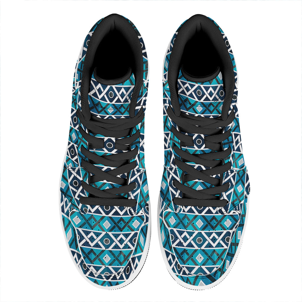 Turquoise Aztec Geometric Pattern Print High Top Leather Sneakers
