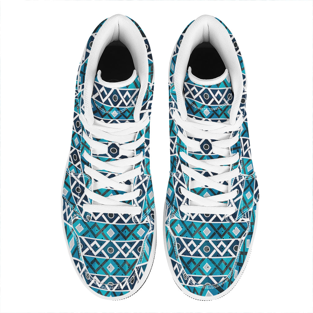 Turquoise Aztec Geometric Pattern Print High Top Leather Sneakers
