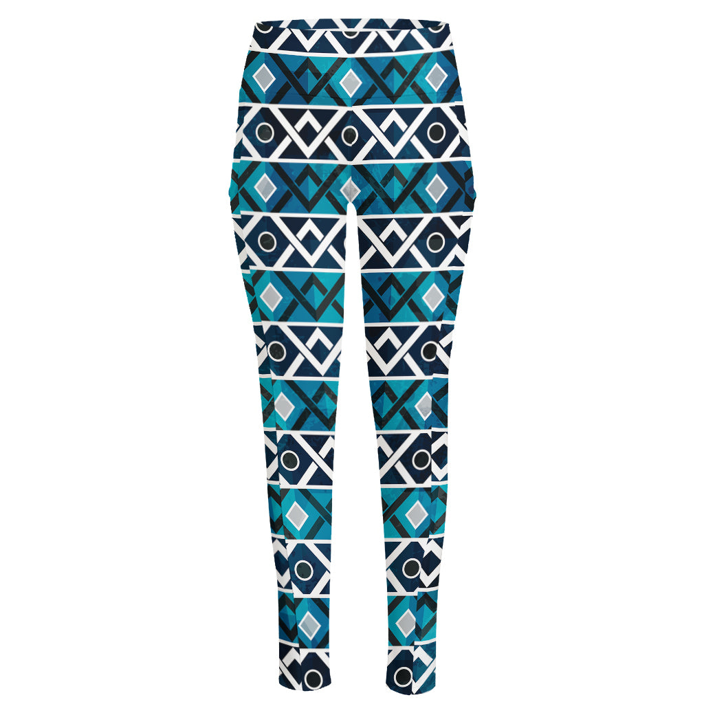 Turquoise Aztec Geometric Pattern Print High-Waisted Pocket Leggings