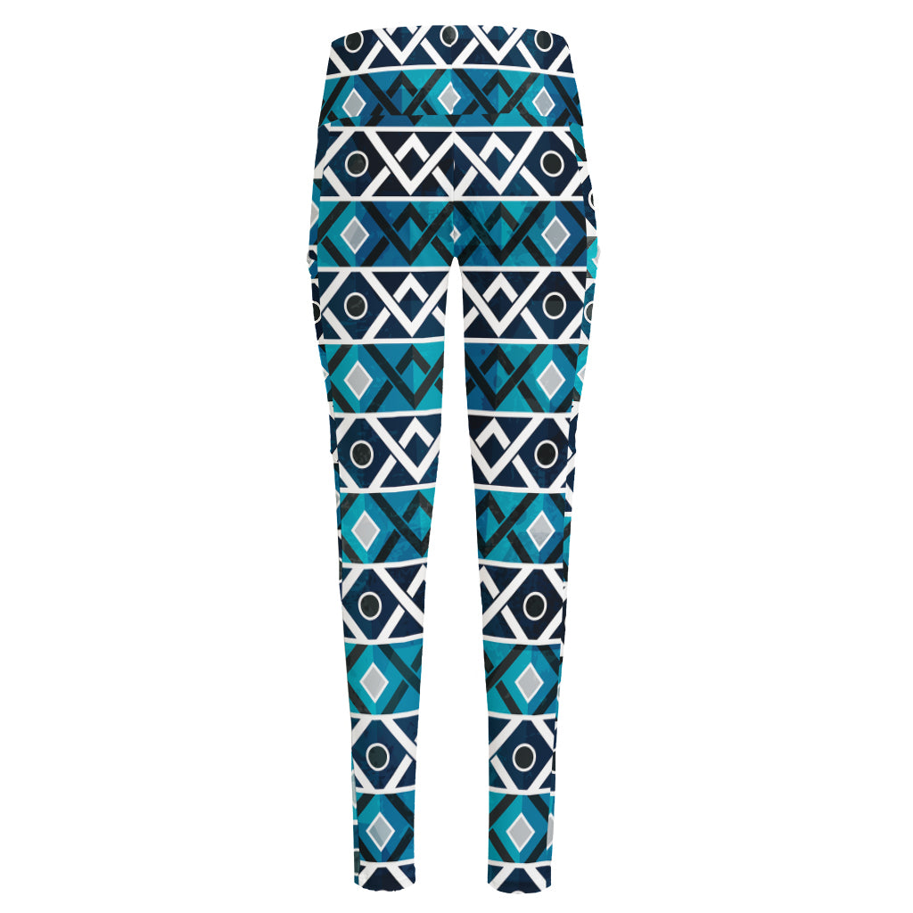 Turquoise Aztec Geometric Pattern Print High-Waisted Pocket Leggings