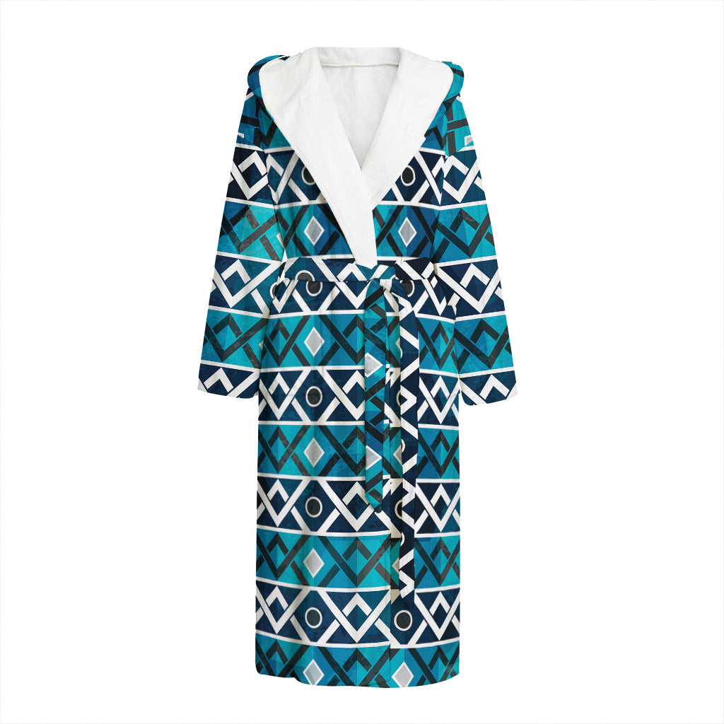 Turquoise Aztec Geometric Pattern Print Hooded Bathrobe