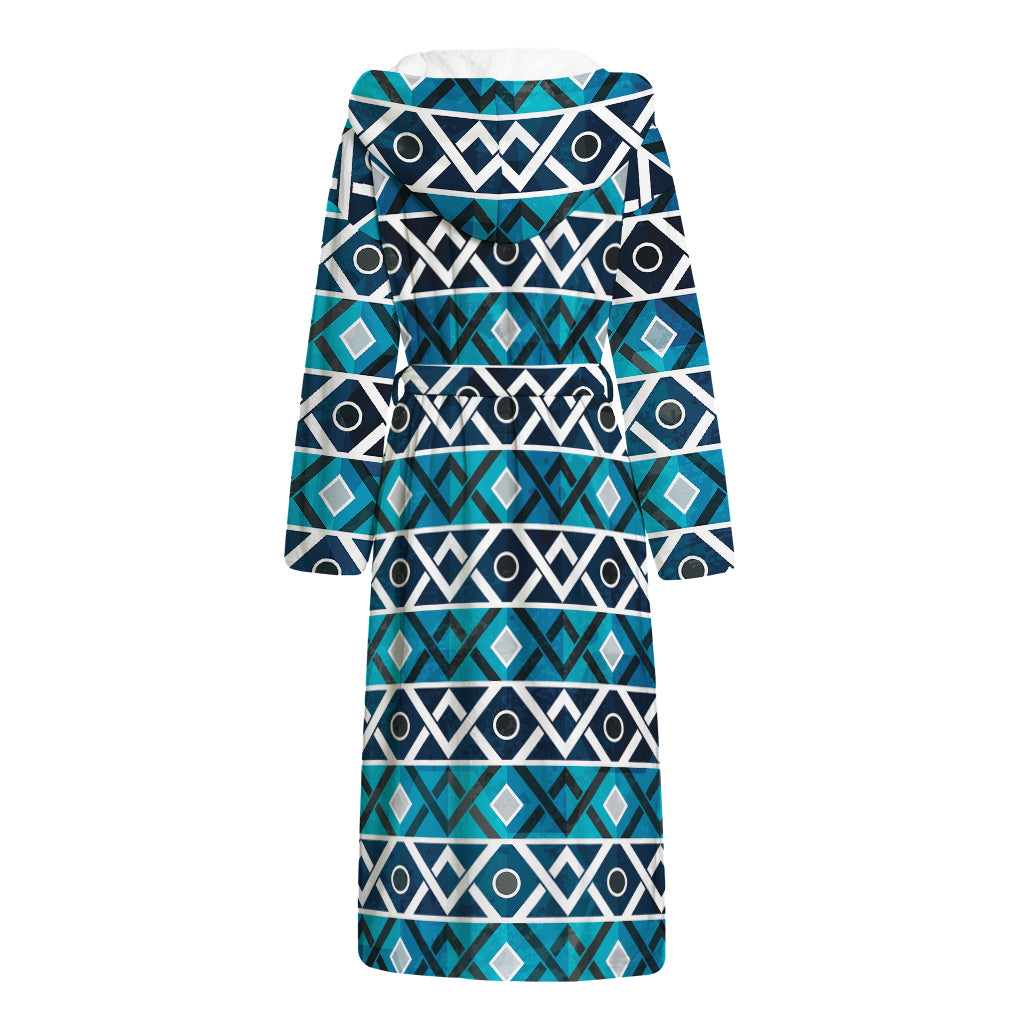 Turquoise Aztec Geometric Pattern Print Hooded Bathrobe