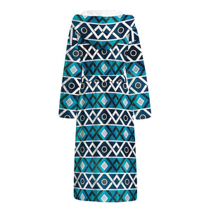 Turquoise Aztec Geometric Pattern Print Hooded Bathrobe