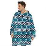 Turquoise Aztec Geometric Pattern Print Hoodie Blanket