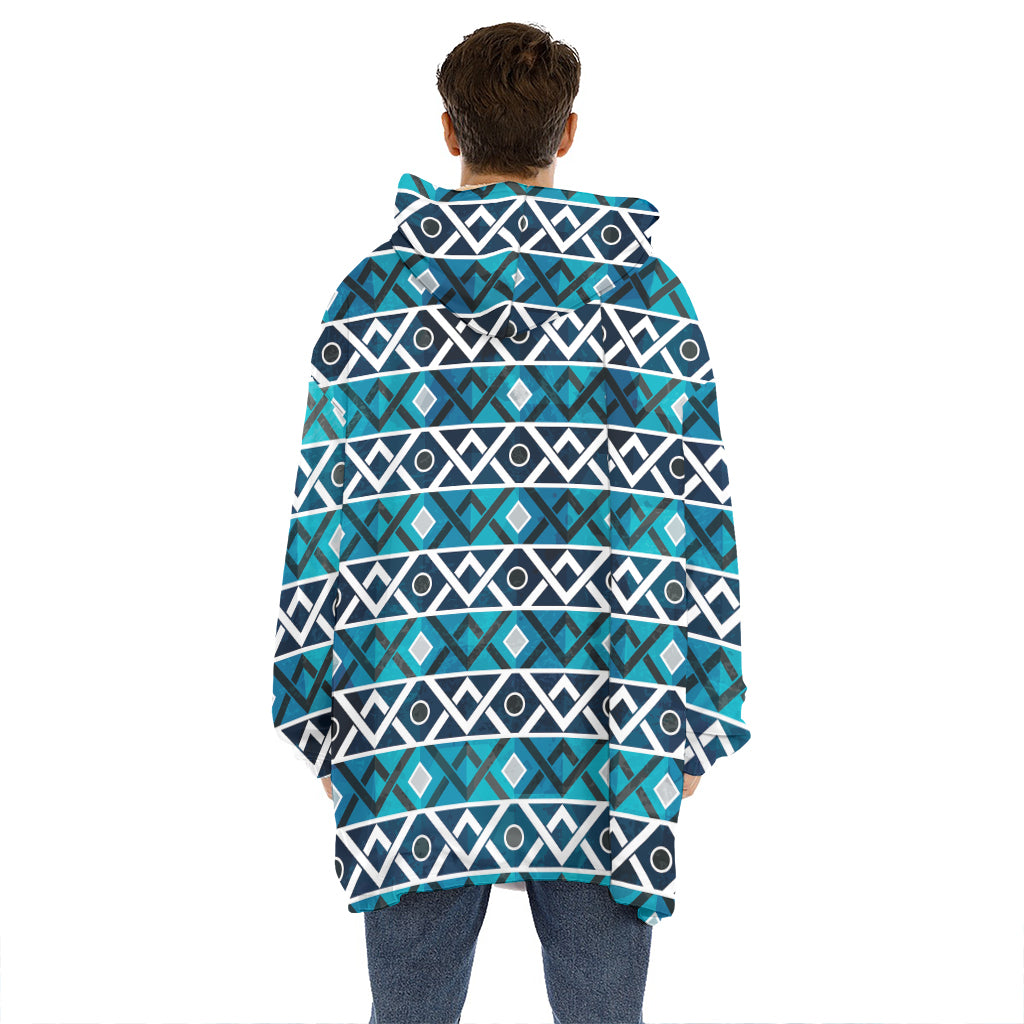 Turquoise Aztec Geometric Pattern Print Hoodie Blanket