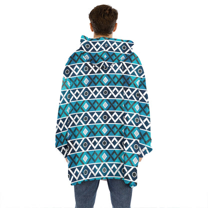 Turquoise Aztec Geometric Pattern Print Hoodie Blanket